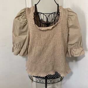 INC Women 3X Smocked Blouse Tan Puff Sleeve Ruched Stretch Top